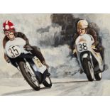 ROD GOULD. AN OIL ON CANVAS BOARD PAINTING DEPICTING GOULD AND MIKE HAILWOOD RACING NORTON AND HONDA