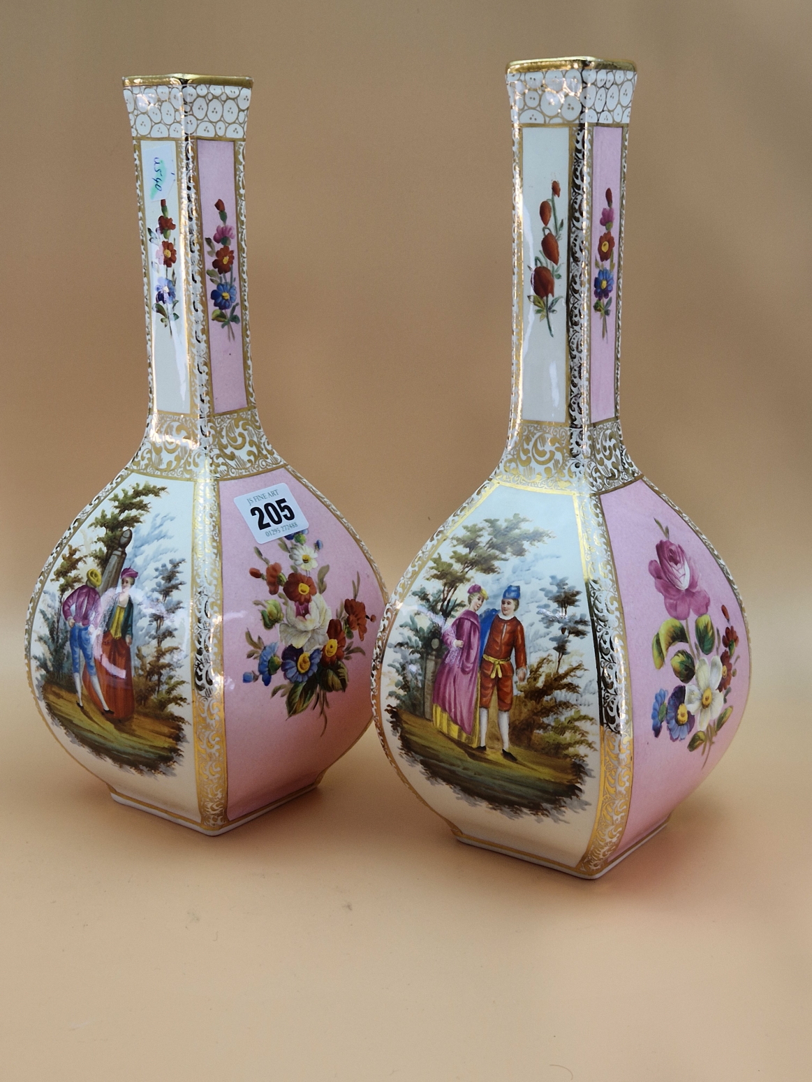 A PAIR OF DRESDEN SQUARE SECTION BOTTLE VASES, PAINTED WITH PINK GROUND FLORAL PANELS ALTERNATING - Image 2 of 7