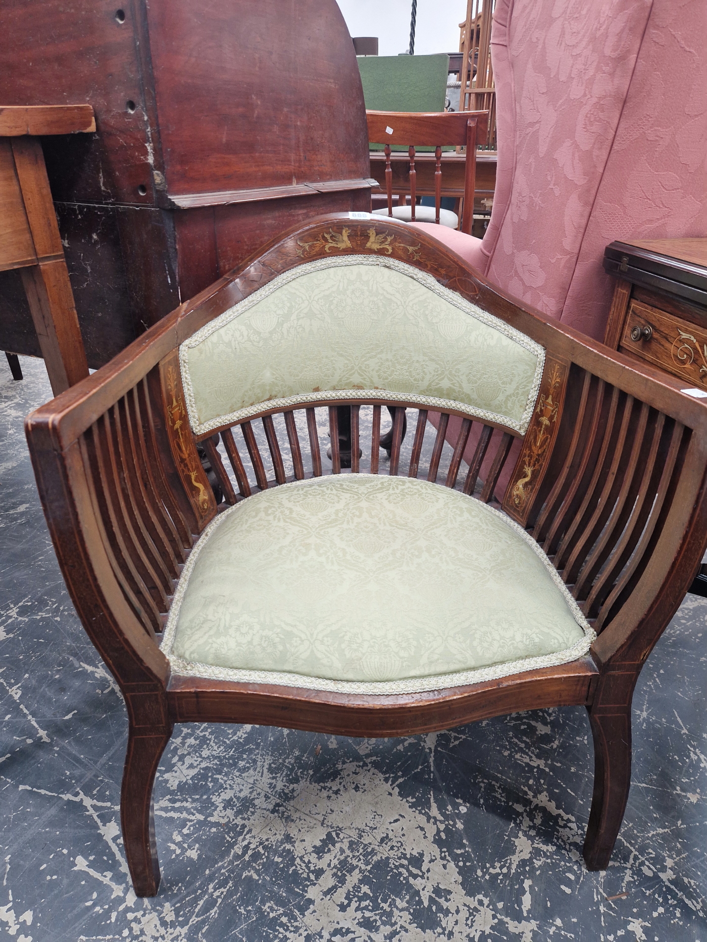 AN EDWARDIAN LINE INLAID MAHOGANY ARMCHAIR, THE ROUNDED PARTIALLY UPHOLSTERED BACK CRESTED BY A PAIR - Image 2 of 3