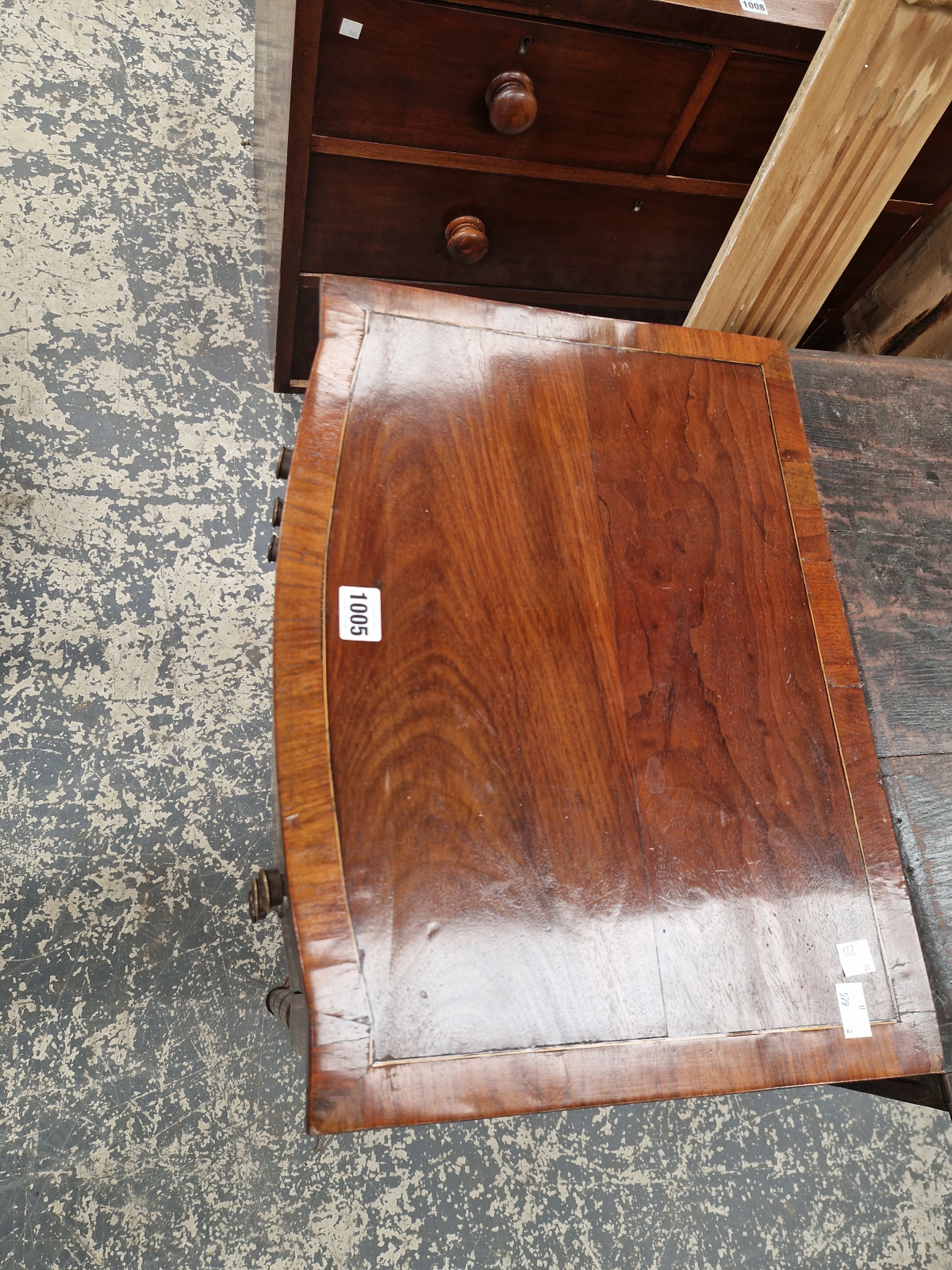 A 19th C. CROSS BANDED AND EBONY LINE INLAID MAHOGANY BOW FRONT SIDE TABLE WITH TWO DRAWERS ABOVE - Image 3 of 5