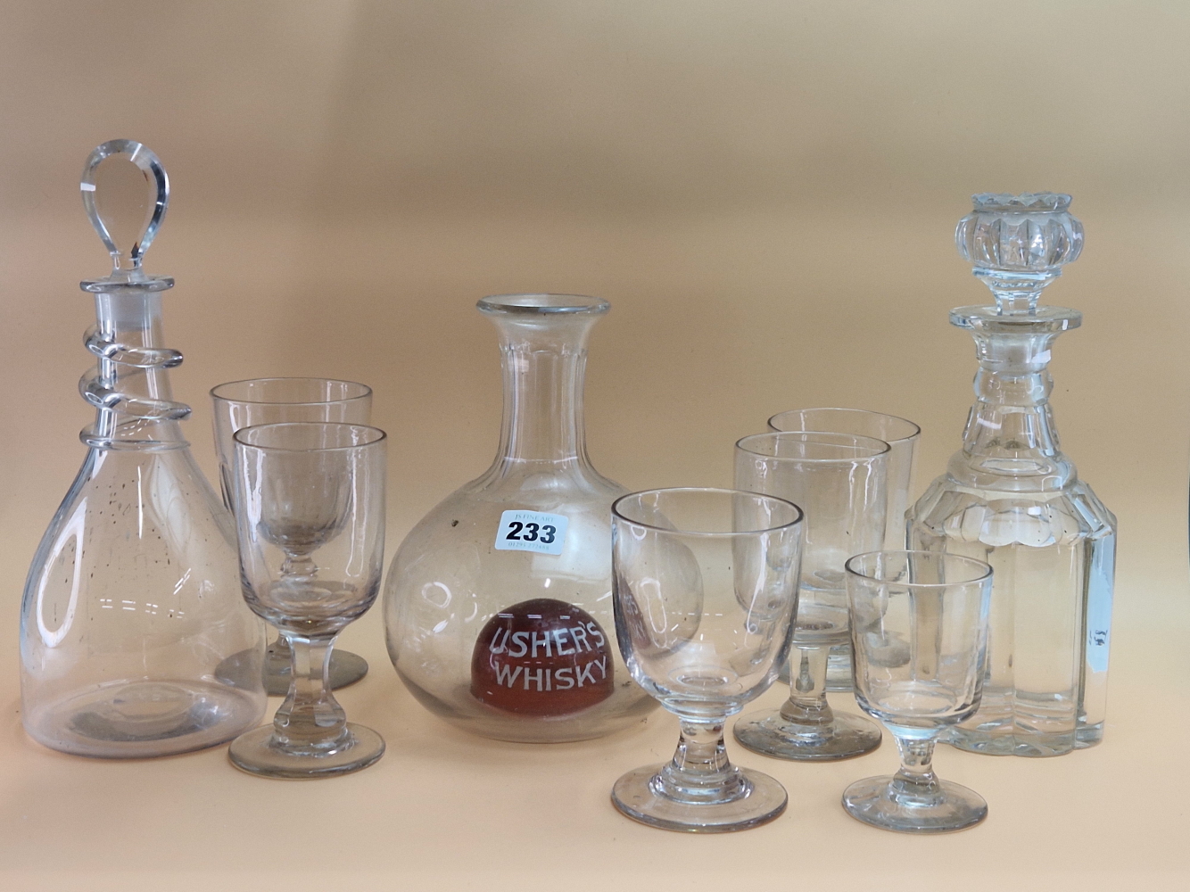 TWENTY RUMMER AND PUB TYPE GLASSES TOGETHER WITH TWO DECANTERS AND A CARAFE WITH A RUBY DOMED - Image 2 of 6