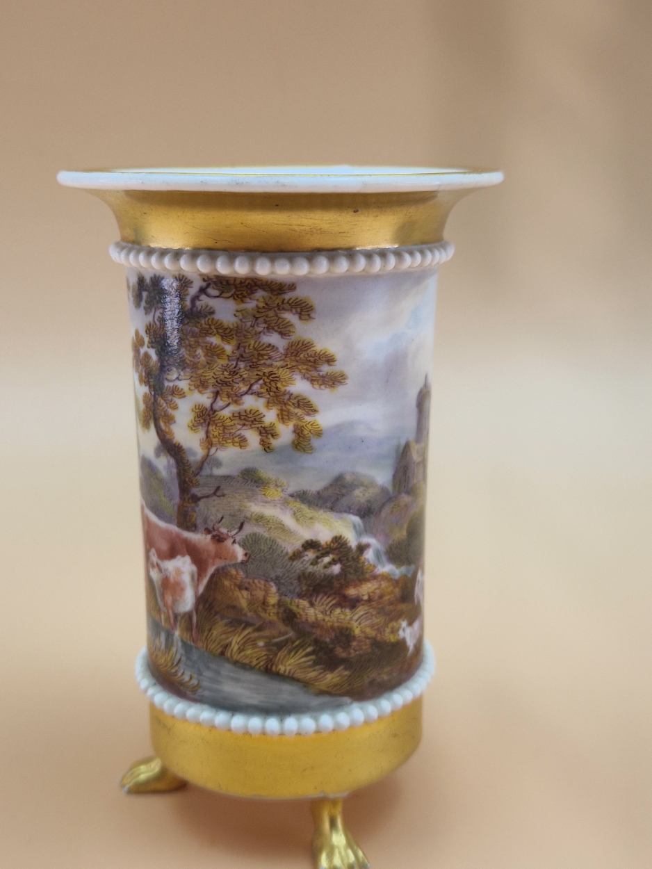 A DERBY HAND PAINTED SMALL SPILL VASE WITH FARMER AND WIFE, DONKEY, GOATS AND CATTLE BEFORE A - Image 2 of 6