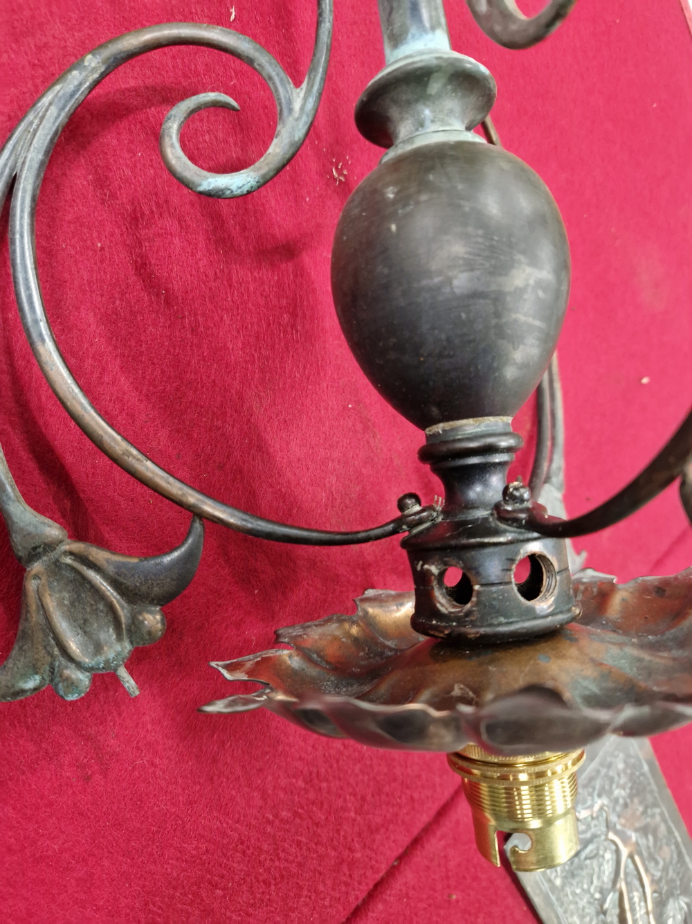 AN ARTS AND CRAFTS COPPER CEILING LIGHT, THE SOCKET BELOW A ROSETTE OF LEAVES, A COLUMN AND THREE - Image 13 of 15