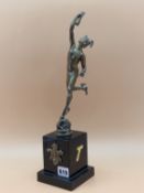 A BRONZE FIGURE OF MERCURY AFTER GIAMBOLOGNA RAISED ON A BLACK STONE PLINTH INSCRIBED AND