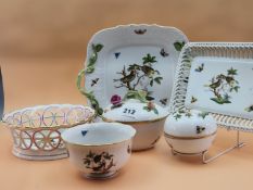 A COLLECTION OF HEREND: A BASKET, A BOWL, TWO COVERED BOXES, A TWO HANDLED PLATE AND ANOTHER WITH