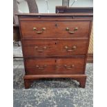 A GEORGE III MAHOGANY CHEST OF THREE LONG DRAWERS ON BRACKET FEET. W 74 x D 47 x H 84cms.