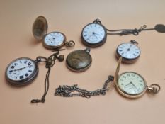 A GROUP OF SIX POCKET WATCHES TO INCLUDE A GOLD PLATED WALTHAM AND A W.LANCASTER & CO. LTD, A