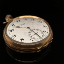 A 9ct HALLMARKED GOLD LIMIT OPEN FACE POCKET WATCH, THE DUST COVER WITH ADDITIONAL HALLMARK. WINDS