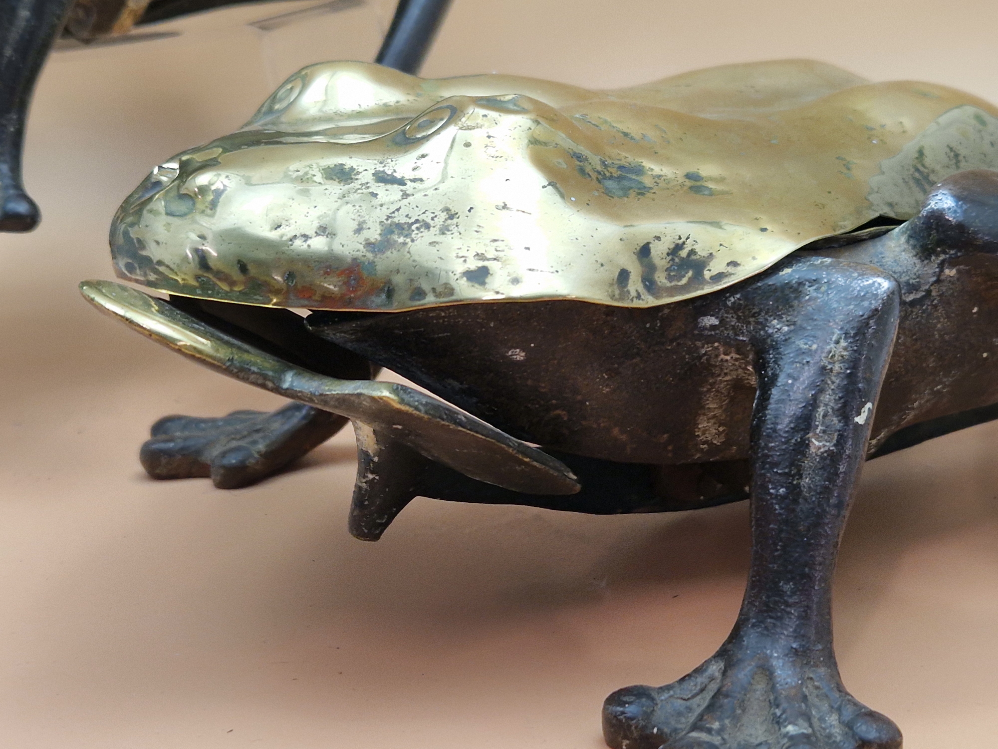 A PAIR OF BRASS AND IRON FROG FORM SPITTOONS, THE BRASS BODIES OPENING WITH THE AID OF TONGUE - Image 4 of 7