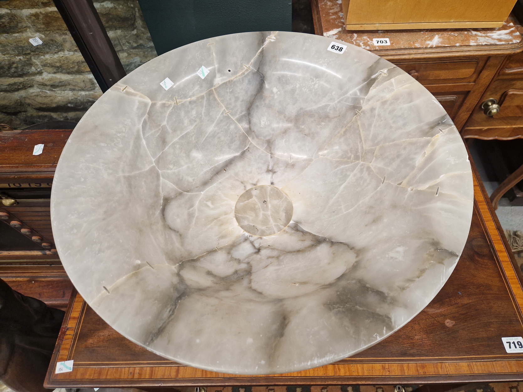 A MOTTLED GREY ALABASTER CEILING DISH, THE BOWL SHAPE WITH SUSPENSION HOLES IN THE FLATTENED RIM. - Image 2 of 3