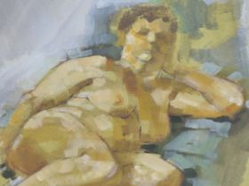 BRITISH SCHOOL 20TH CENTURY, RECLINING NUDE, WATERCOLOUR AND BODY COLOUR, 26 x 26cm