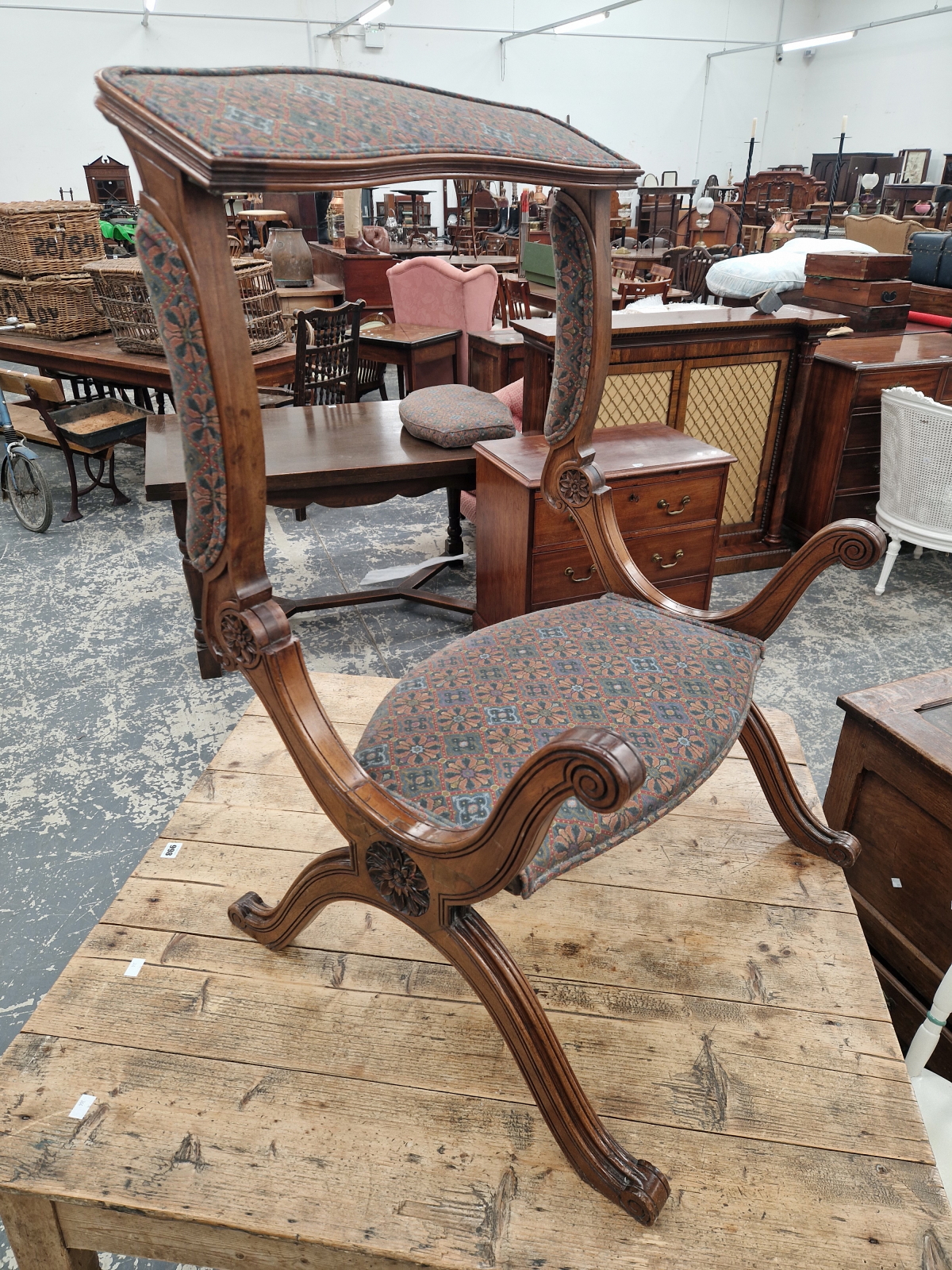 A MAHOGANY STOOL, THE UPHOLSTERED BACK FOLDING UP TO FORM A PRIE DIEU - Image 3 of 8