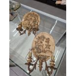 TWO PAIRS OF TWO BRANCH GIRANDOLES, THOSE WITH MIRRORED GLASS BACKS WITH CANDLE HOLDERS AND THOSE