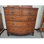 A 19th C CHEQUER LINE INLAID MAHOGANY BOW FRONT CHEST OF TWO SHORT AND THREE LONG DRAWERS ON BRACKET