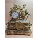 A LATE 19th C. GILT SPELTER AND WHITE ONYX CASED MANTEL CLOCK AND WOOD STAND, THE ENAMEL DIAL