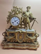 A LATE 19th C. GILT SPELTER AND WHITE ONYX CASED MANTEL CLOCK AND WOOD STAND, THE ENAMEL DIAL