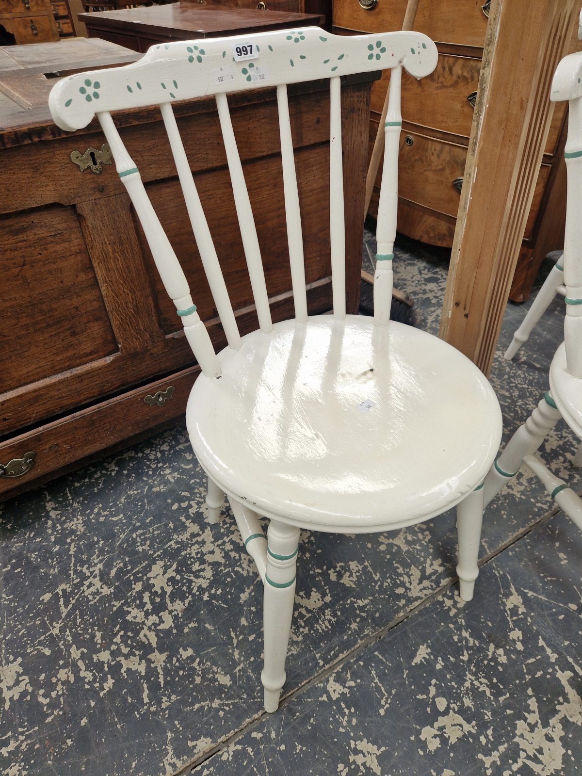 A SET OF FOUR WHITE PAINTED YOKE BACKED KITCHEN CHAIRS DETAILED IN TURQUOISE AND ENSUITE WITH A - Image 2 of 6