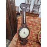 A ROSEWOOD BANJO BAROMETER LABELLED FOR MINORETTI OF LEICESTER WITH AN ALCOHOL THERMOMETER ABOVE THE