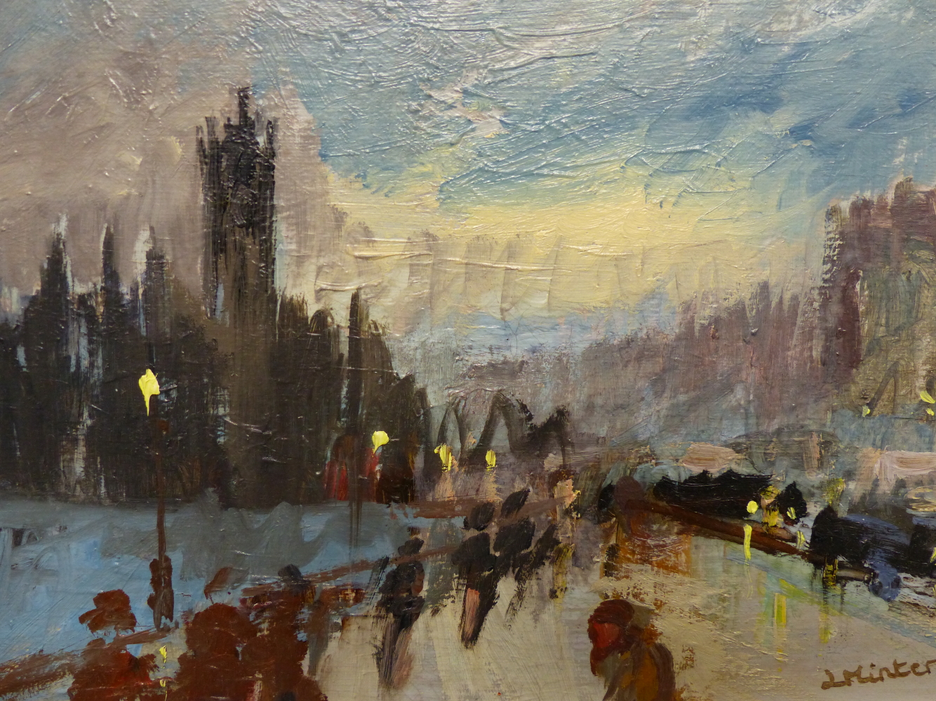 LYNDA MINTER (20TH/21ST CENTURY), CITY VIEW AT NIGHT, SIGNED, OIL ON CANVAS, 22.5 x 16.5cm. - Image 3 of 6