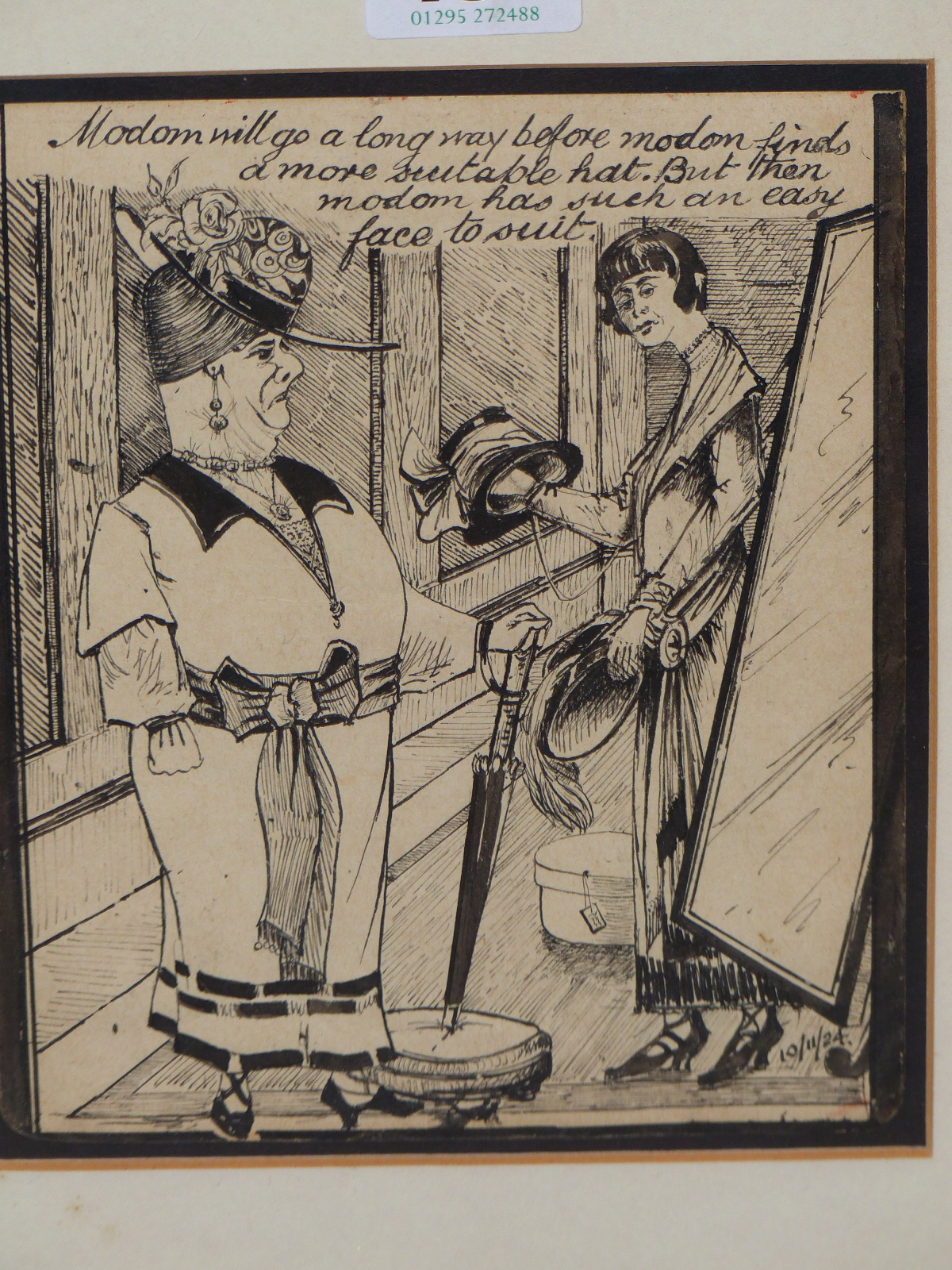 AN EARLY PEN AND INK CARTOON OF A LADY TRYING ON HATS, DATED 10/11/24, TOGETHER WITH A WATERCOLOUR
