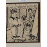 AN EARLY PEN AND INK CARTOON OF A LADY TRYING ON HATS, DATED 10/11/24, TOGETHER WITH A WATERCOLOUR