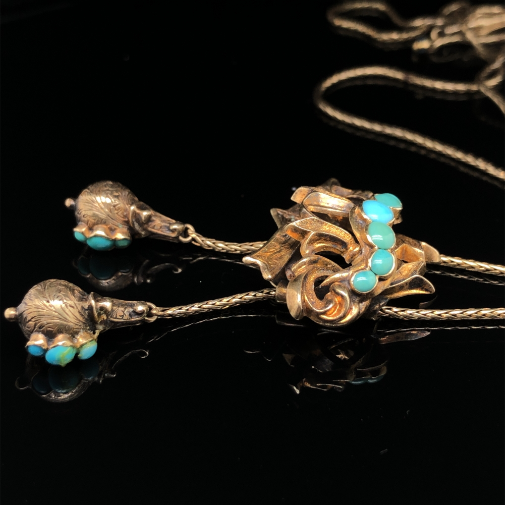 AN ANTIQUE VICTORIAN TURQUOISE SET LARIET NECKLACE WITH A SMALL REVERSE GLAZED MEMORIAL PANEL. - Image 6 of 6