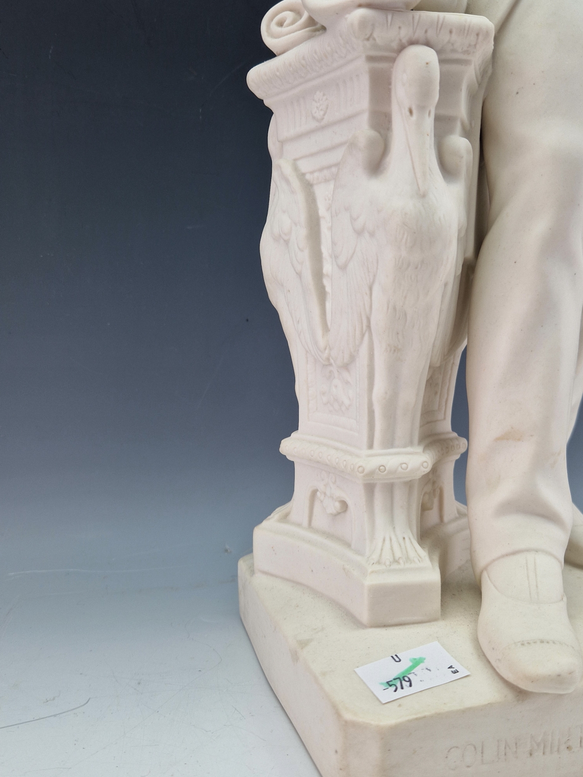 A 19th C. PARIAN FIGURE OF COLIN MINTON CAMPBELL STANDING HOLDING A CUP ON A COLUMN MOULDED THIS - Image 6 of 11