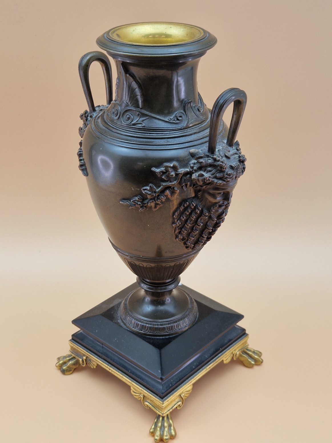 A BRONZE BALUSTER VASE, THE TWO HANDLES WITH BEARDED MASK TERMINALS, THE FOOT RESTING ON BLACK - Image 4 of 9