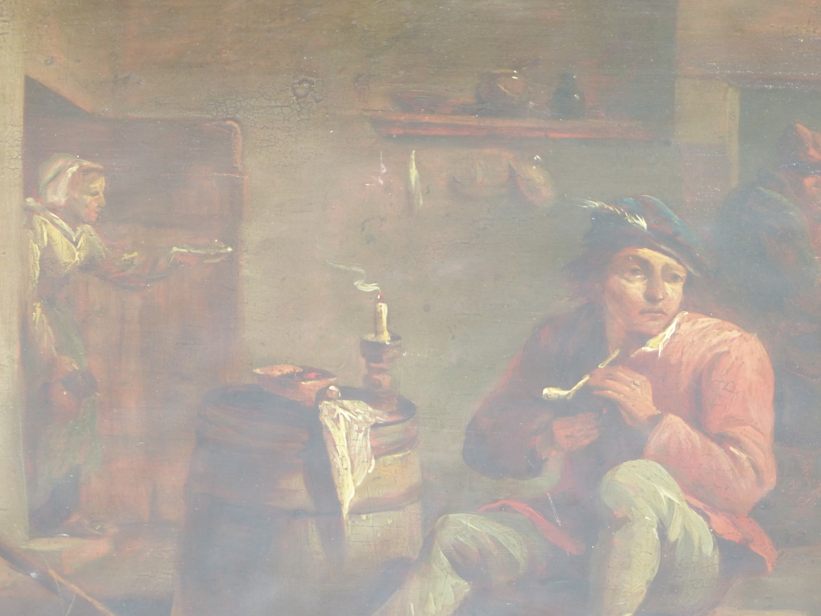 MANNER OF DAVID TENIERS THE YOUNGER, A PIPE SMOKER IN A TAVERN INTERIOR, OIL ON OAK PANEL, 24 x 18. - Image 3 of 8