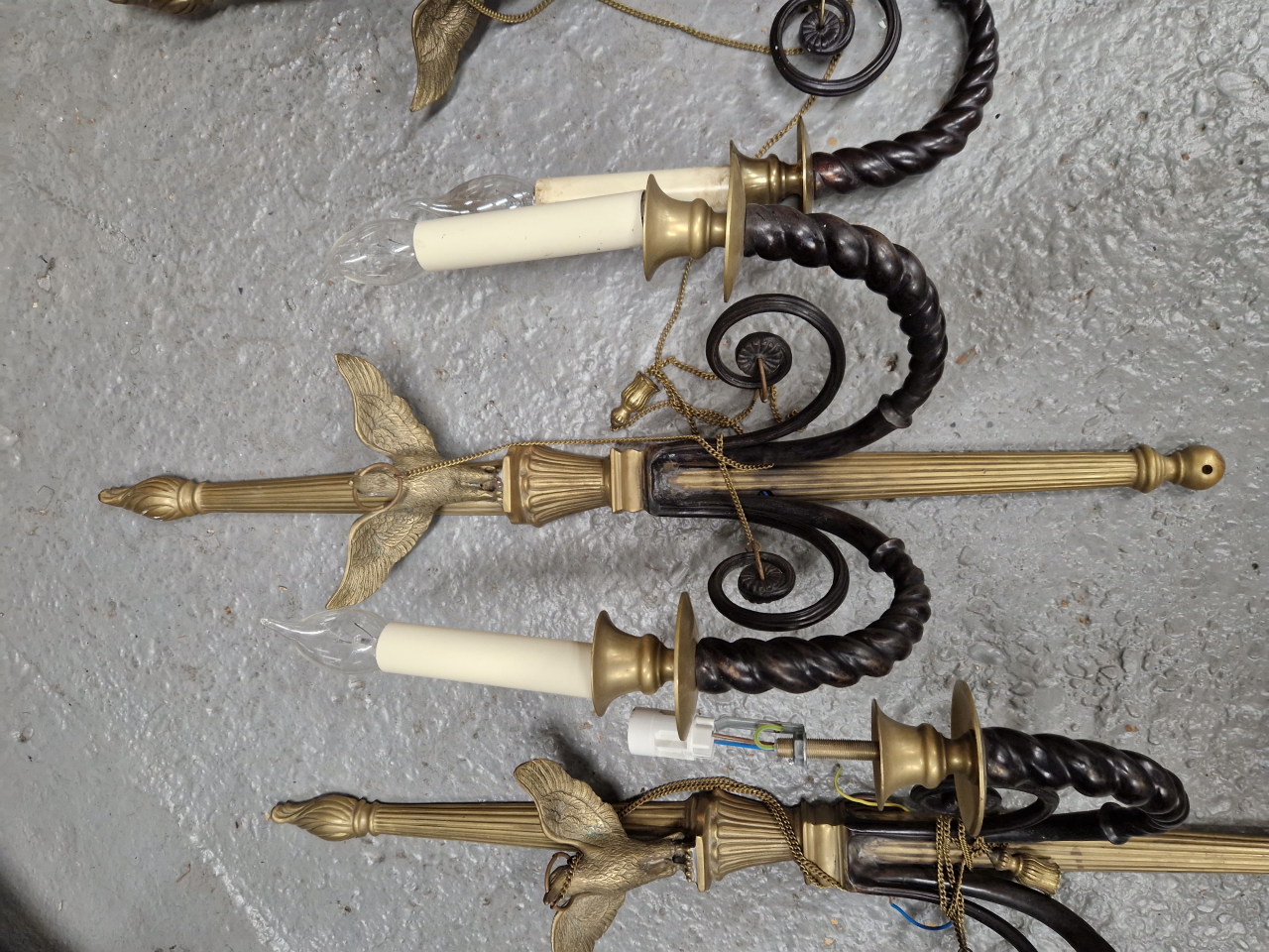 A SET OF FOUR BLACKENED AND POLISHED BRONZE TWO BRANCH WALL LIGHTS, THE REEDED BACK PLATES WITH - Image 3 of 6