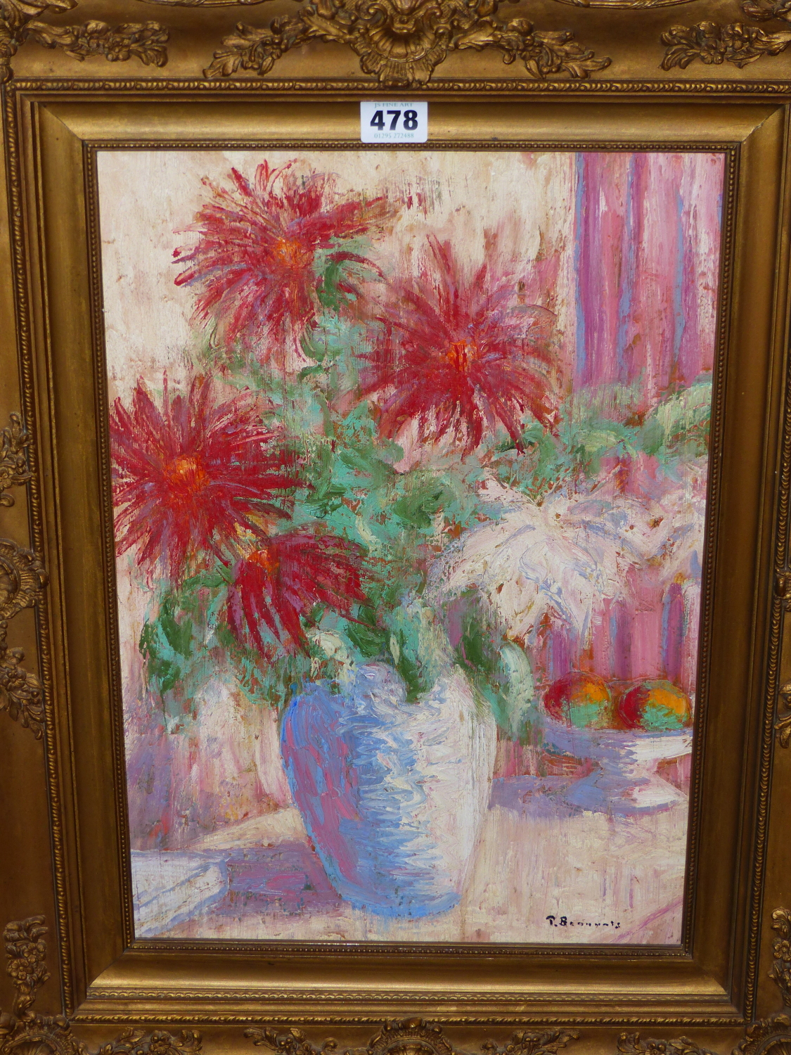 T. BENNINGS(?) (20TH CENTURY), STILL LIFE OF FLOWERS IN A VASE, SIGNED INDISTINCTLY, OIL ON BOARD, - Image 2 of 4