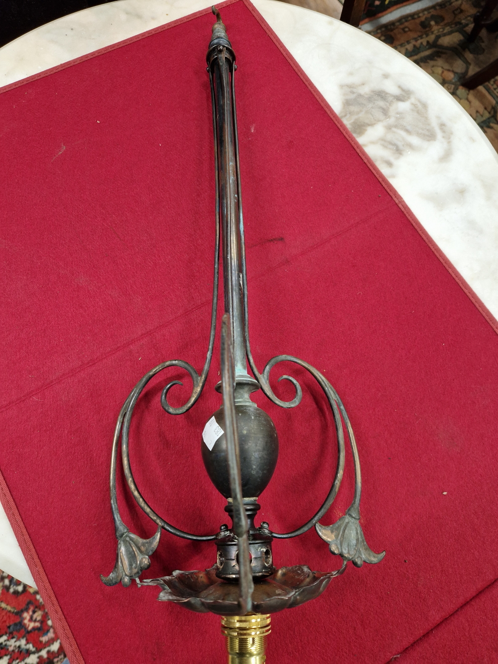 AN ARTS AND CRAFTS COPPER CEILING LIGHT, THE SOCKET BELOW A ROSETTE OF LEAVES, A COLUMN AND THREE - Image 11 of 15