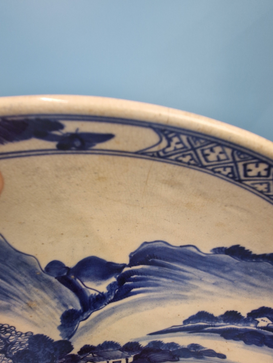 A PAIR OF CHINESE BLUE AND WHITE CHARGERS PAINTED WITH MOUNTAINOUS ISLANDS, A BUFFALO ON ONE AND A - Image 12 of 14