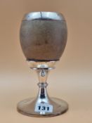 A SILVER MOUNTED EMU EGG GOBLET BY J H HILCOX, BIRMINGHAM 1904. H 18cms.