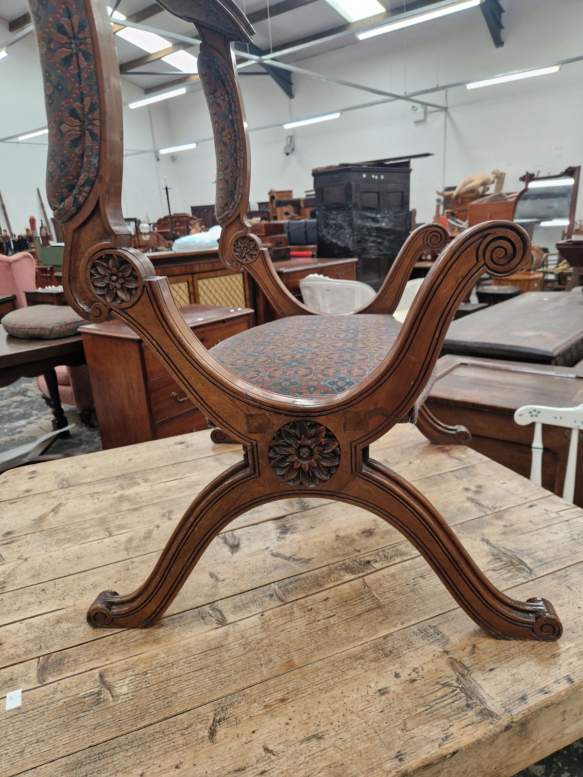 A MAHOGANY STOOL, THE UPHOLSTERED BACK FOLDING UP TO FORM A PRIE DIEU - Image 5 of 8