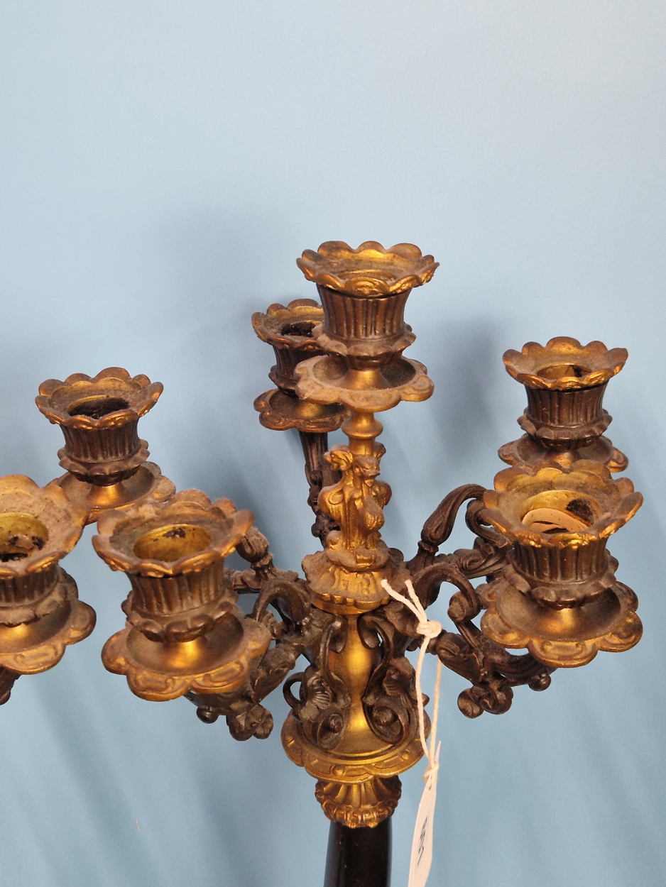 A PAIR OF 19th C. ORMOLU, BRONZE AND BLACK SLATE FIVE LIGHT CANDELABRA SUPPORTED ON TRIPARTITE - Image 7 of 8