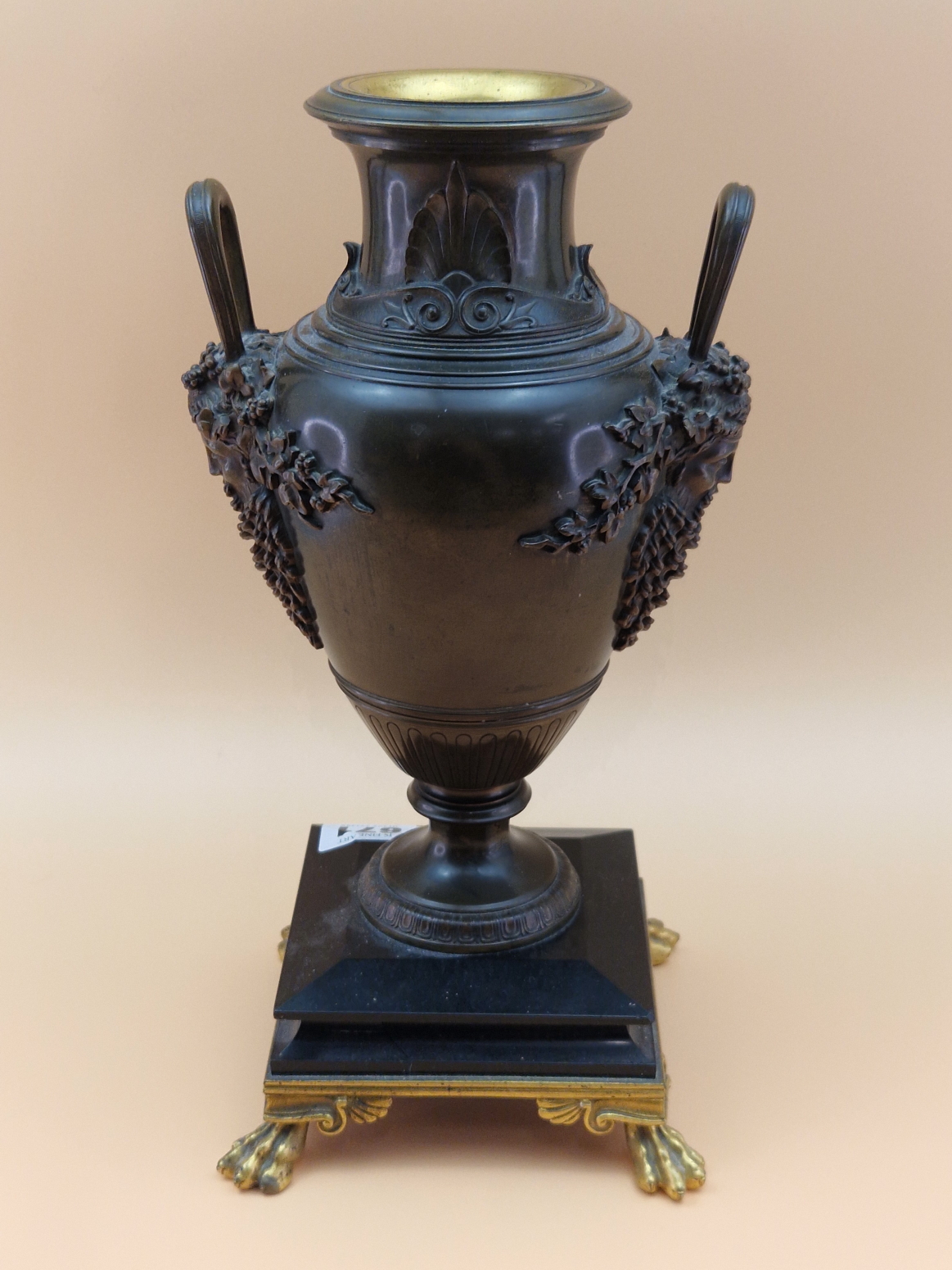 A BRONZE BALUSTER VASE, THE TWO HANDLES WITH BEARDED MASK TERMINALS, THE FOOT RESTING ON BLACK - Image 6 of 9