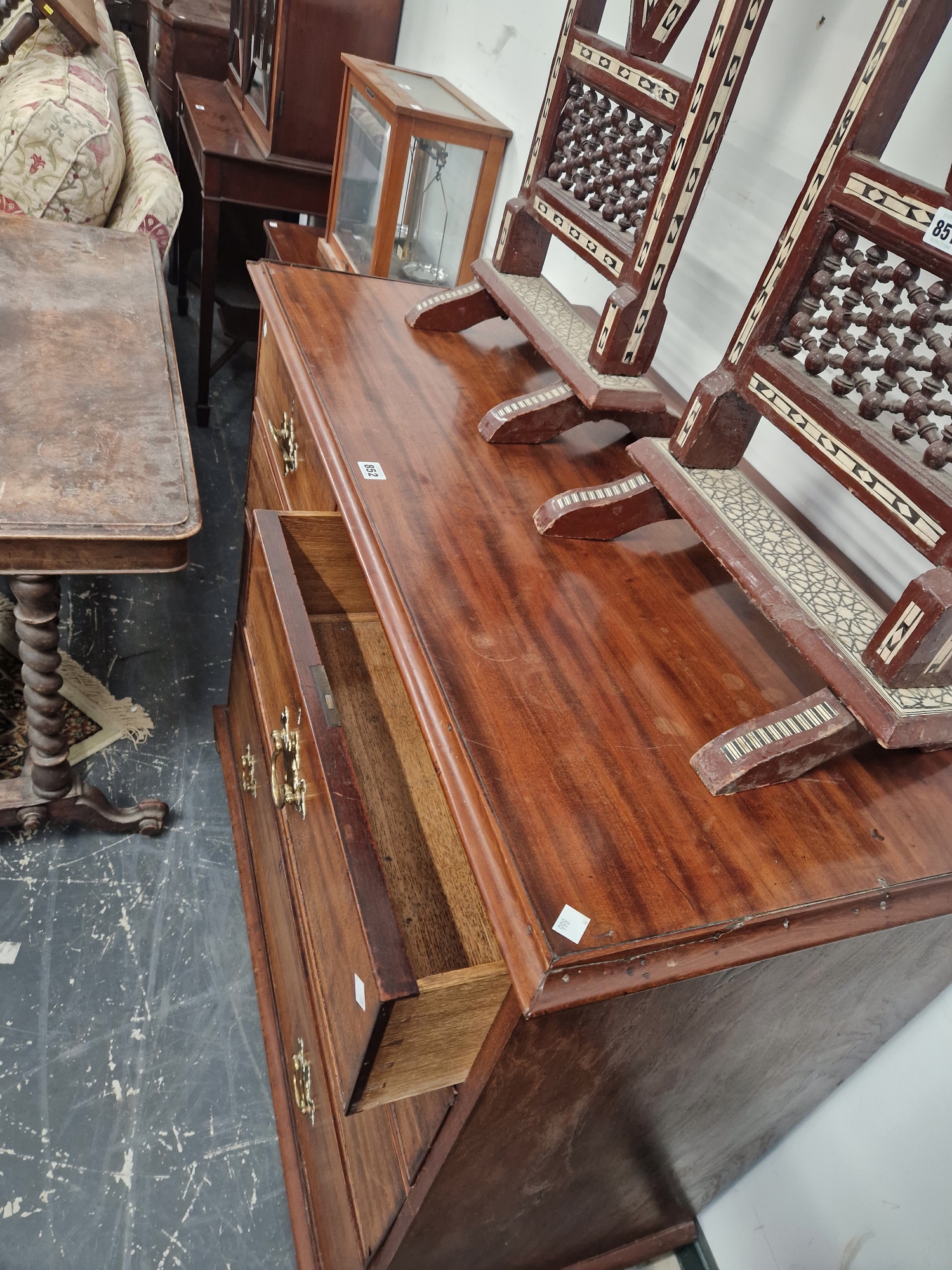 A 19th C. MAHOGANY CHEST OF TWO SHORT AND THREE LONG DRAWERS. W 109 x D 55 x H 98cms. - Image 3 of 3
