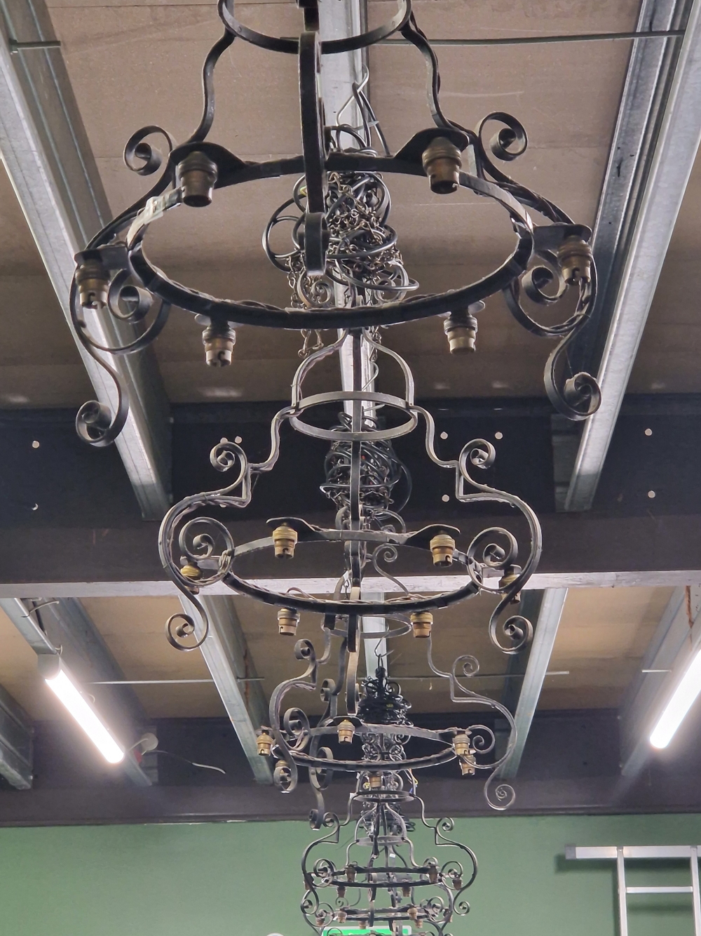 A SET OF SIX ECCLESIASTICAL WROUGHT IRON CHANDELIER LIGHT FITTINGS - Image 3 of 3