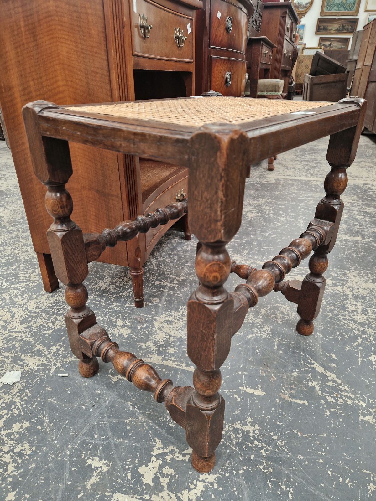 A CANED OAK STOOL TOGETHER WITH TWO FOOTSTOOLS WITH NEEDLE WORK SEATS - Image 2 of 2