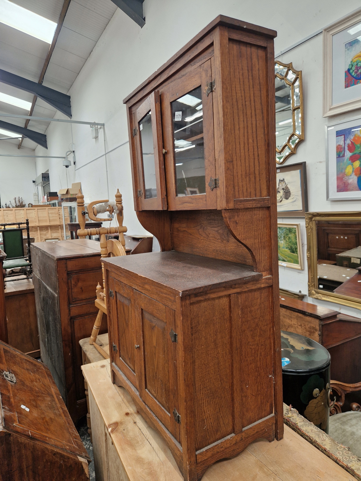 AN ARTS AND CRAFTS MINIATURE OAK GLAZED TOP DRESSER. - Image 2 of 5