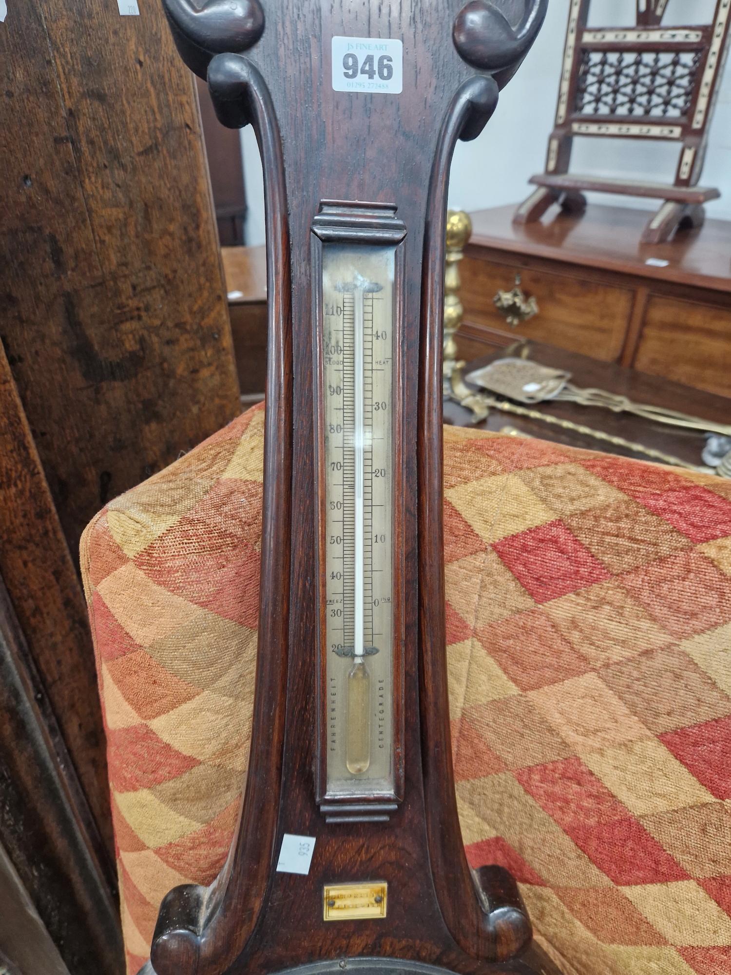 A ROSEWOOD BANJO BAROMETER LABELLED FOR MINORETTI OF LEICESTER WITH AN ALCOHOL THERMOMETER ABOVE THE - Image 3 of 3