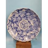 A PAIR OF JAPANESE BLUE AND WHITE CHARGERS PRINTED WITH DRAGONS AND PHOENIX ENCLOSING ROSETTES. Dia.