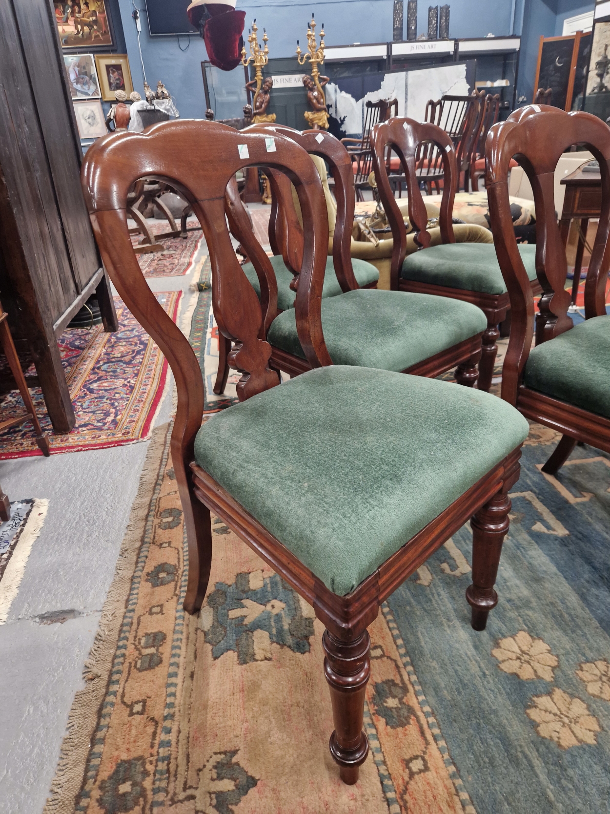 A SET OF SIX LATE VICTORIAN MAHOGANY BALLOON BACKED CHAIRS WITH GREEN DROP IN SEATS TURNED - Image 2 of 8