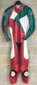 VINTAGE MIKE WILLIS MW LEATHERS. MOTORCYCLE RACING ONE PIECE SUIT. GREEN RED AND WHITE.