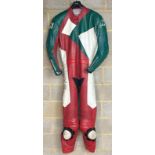 VINTAGE MIKE WILLIS MW LEATHERS. MOTORCYCLE RACING ONE PIECE SUIT. GREEN RED AND WHITE.