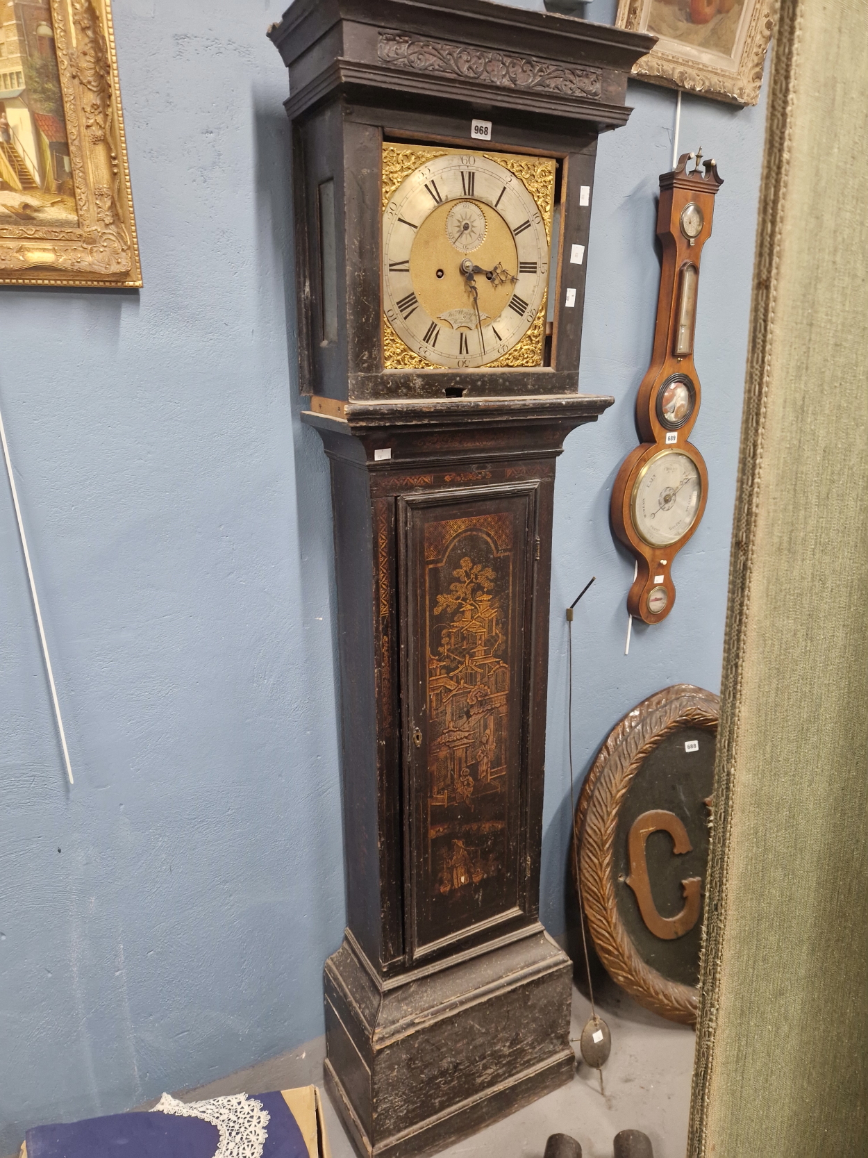 A LATE 18th C. CHINOISERIE BLACK LACQUER LONG CASED CLOCK, THE SQUARE DIAL WITH SUBSIDIARY SECONDS - Image 2 of 5