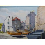 P MC H (20TH CENTURY), ROBIN HOOD'S BAY WITH WHITBY BOATS, SIGNED WITH INITIALS AND TITLED, OIL ON