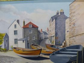 P MC H (20TH CENTURY), ROBIN HOOD'S BAY WITH WHITBY BOATS, SIGNED WITH INITIALS AND TITLED, OIL ON