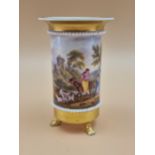 A DERBY HAND PAINTED SMALL SPILL VASE WITH FARMER AND WIFE, DONKEY, GOATS AND CATTLE BEFORE A